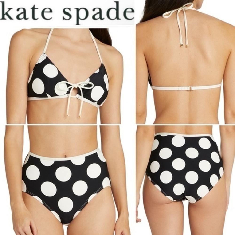 Kate Spade Drawstring Front Bikini Top & High Waist Bikini Bottom- Large Dots S